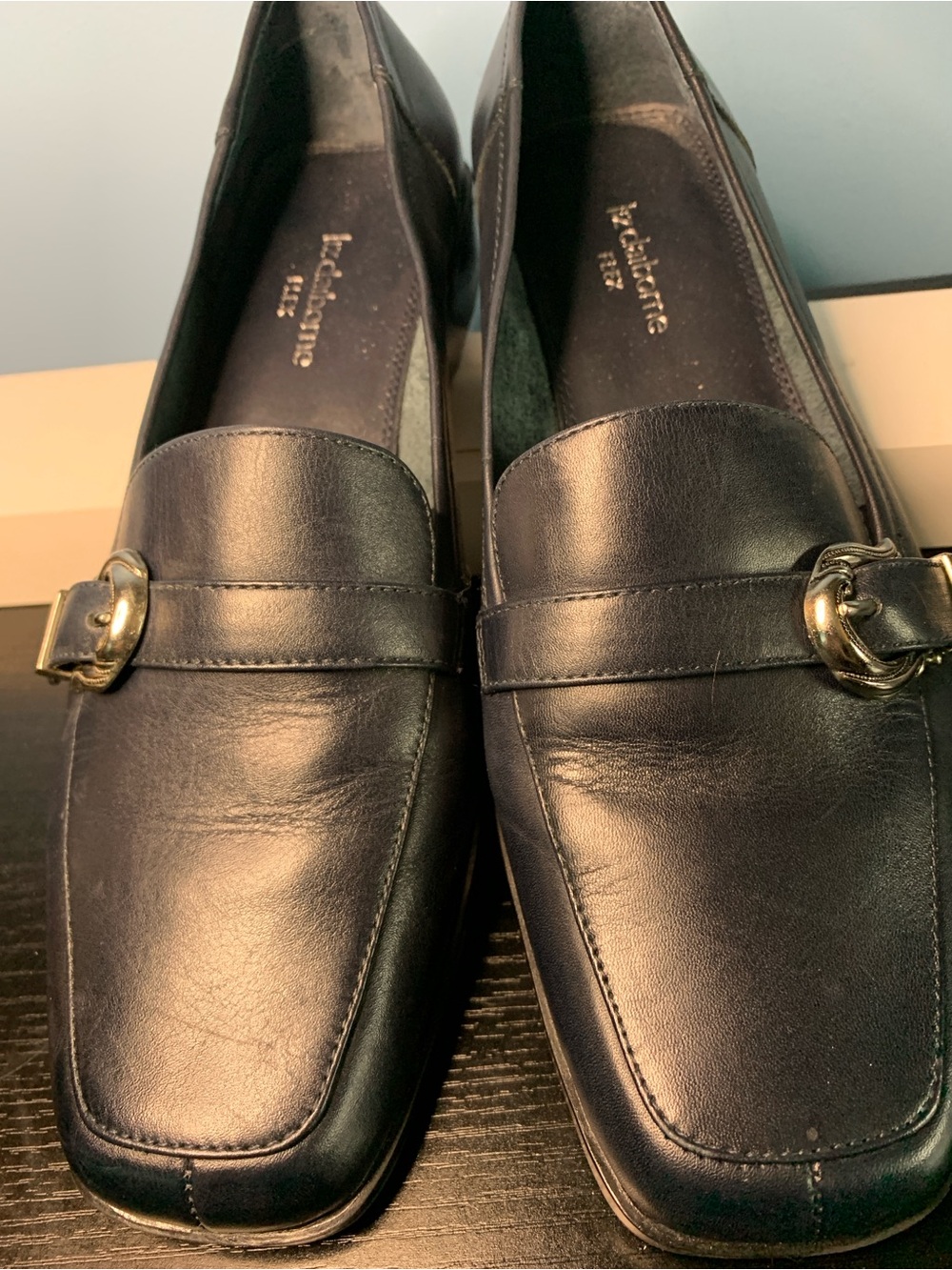 Liz Claiborne Navy Leather Slip-On Loafers with Silver Buckle